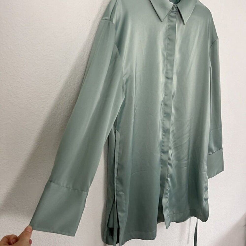 House of Harlow 1960 Revolve Women Blue Green Satin long Sleeve Mini Shirt Dress - Picture 11 of 12